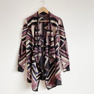 Lucky Brand NWOT Geo Drape Cardigan Sweater Open-Front, Burgundy/Cream Multi, M